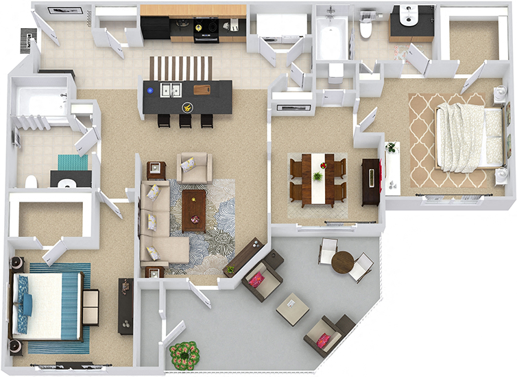Floor plan for 2 beds, 2 baths, 1156 sqft